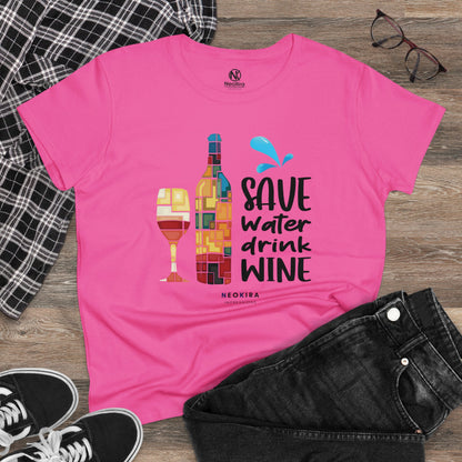 SAVE WATER DRINK WINE Women's Midweight Cotton Tee T-Shirt Printify   