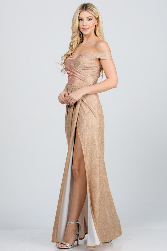 Off Shoulder Glitter Evening Gown with Side Slit – Formal A-Line Dress - NeoKira Unlimited