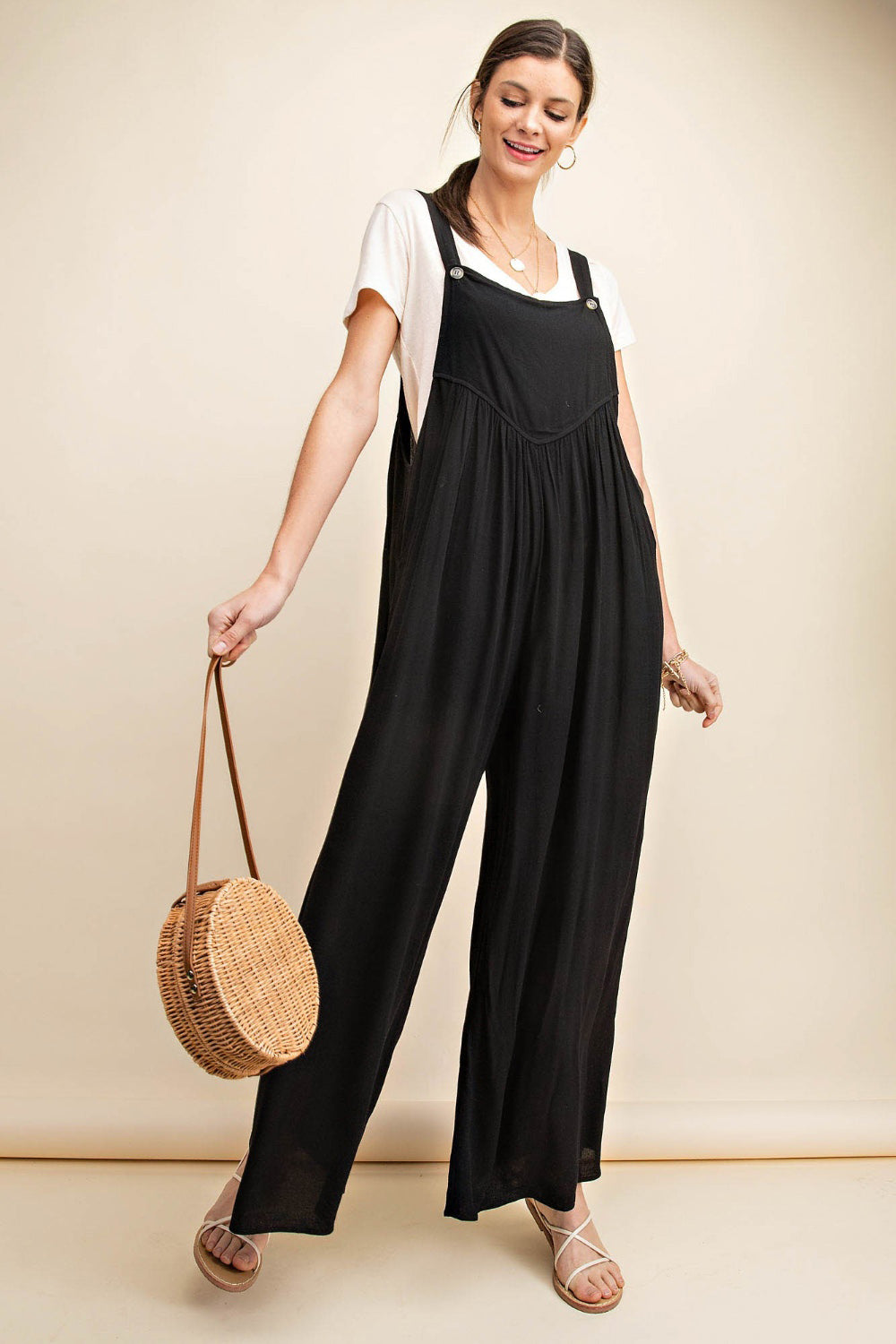 Kori America Full Size Sleeveless Ruched Wide Leg Overalls - NeoKira Unlimited