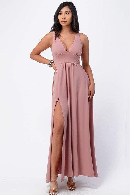 La Scala Dull Tricot Deep V-Neck A-Line Maxi Dress - NeoKira Unlimited