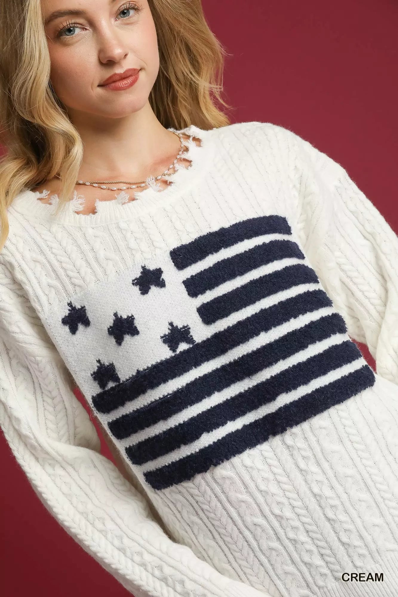 Umgee Distressed American Flag Sweater Cozy Americana Chic - NeoKira Unlimited