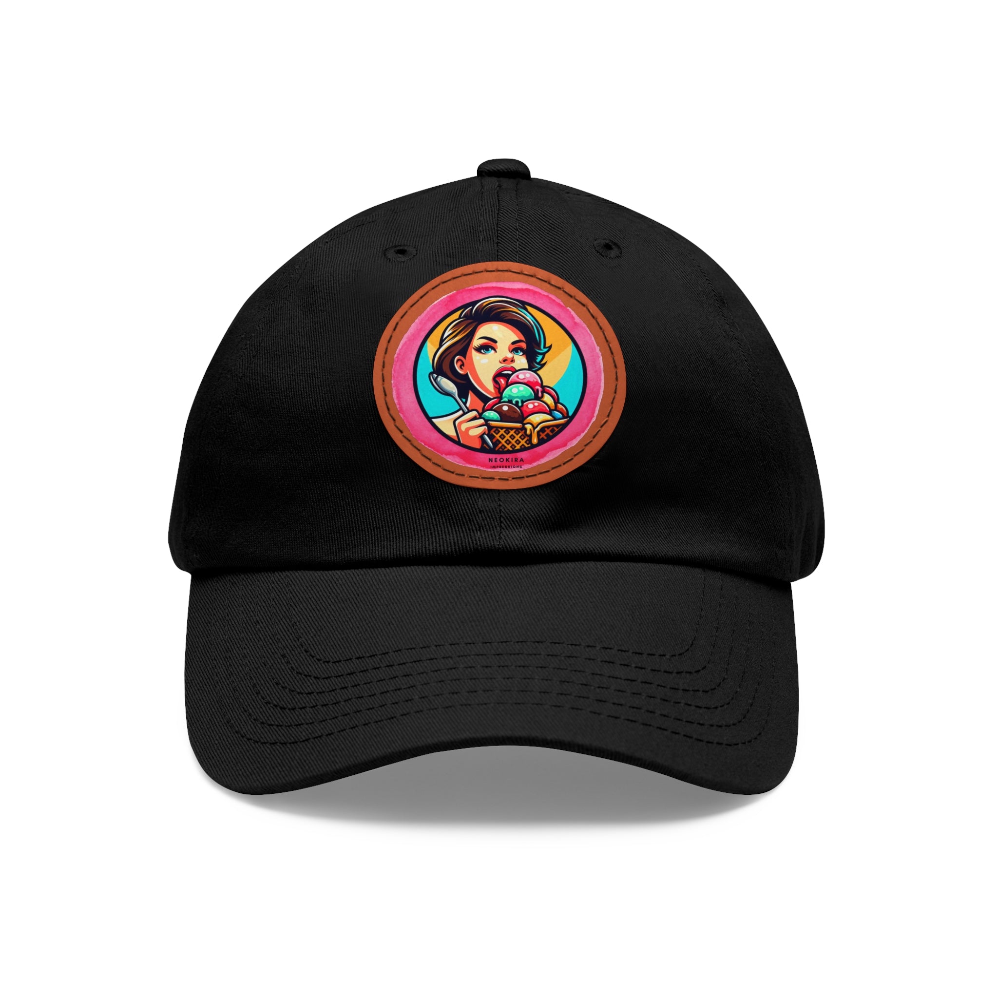 ICE CREAM Dad Hat with Leather Patch (Round) Caps Printify Black / Light Brown Circle One size