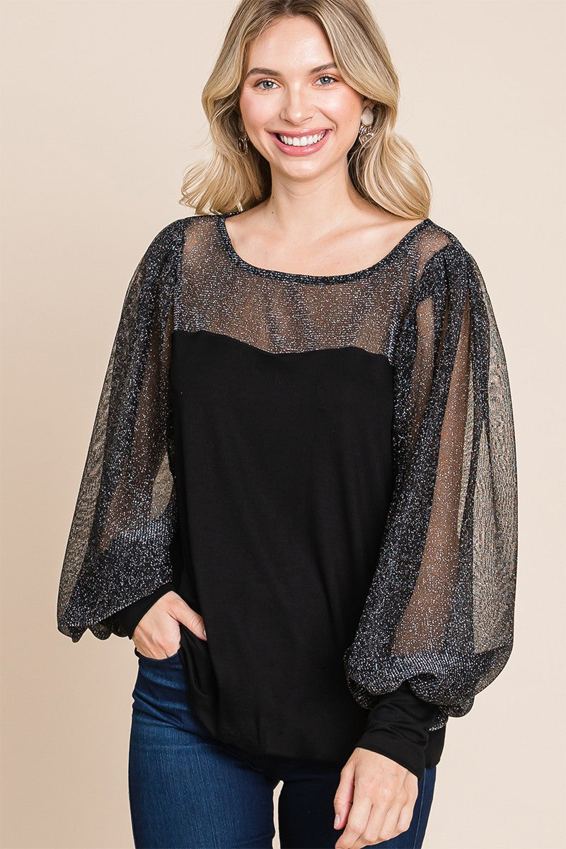 Super Lady Full Size Metallic Mesh Lantern Sleeve Blouse - NeoKira Unlimited