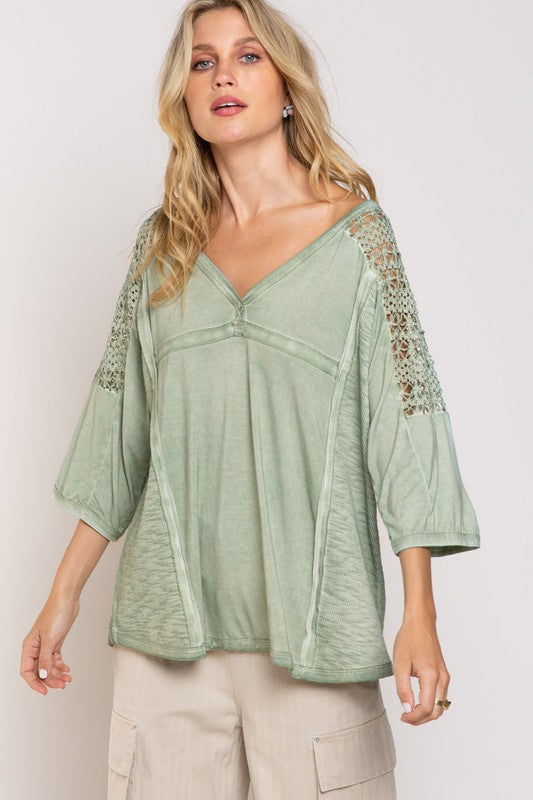 POL Feminine Boho Crochet Sleeve Top Top POL SOFT SAGE S 