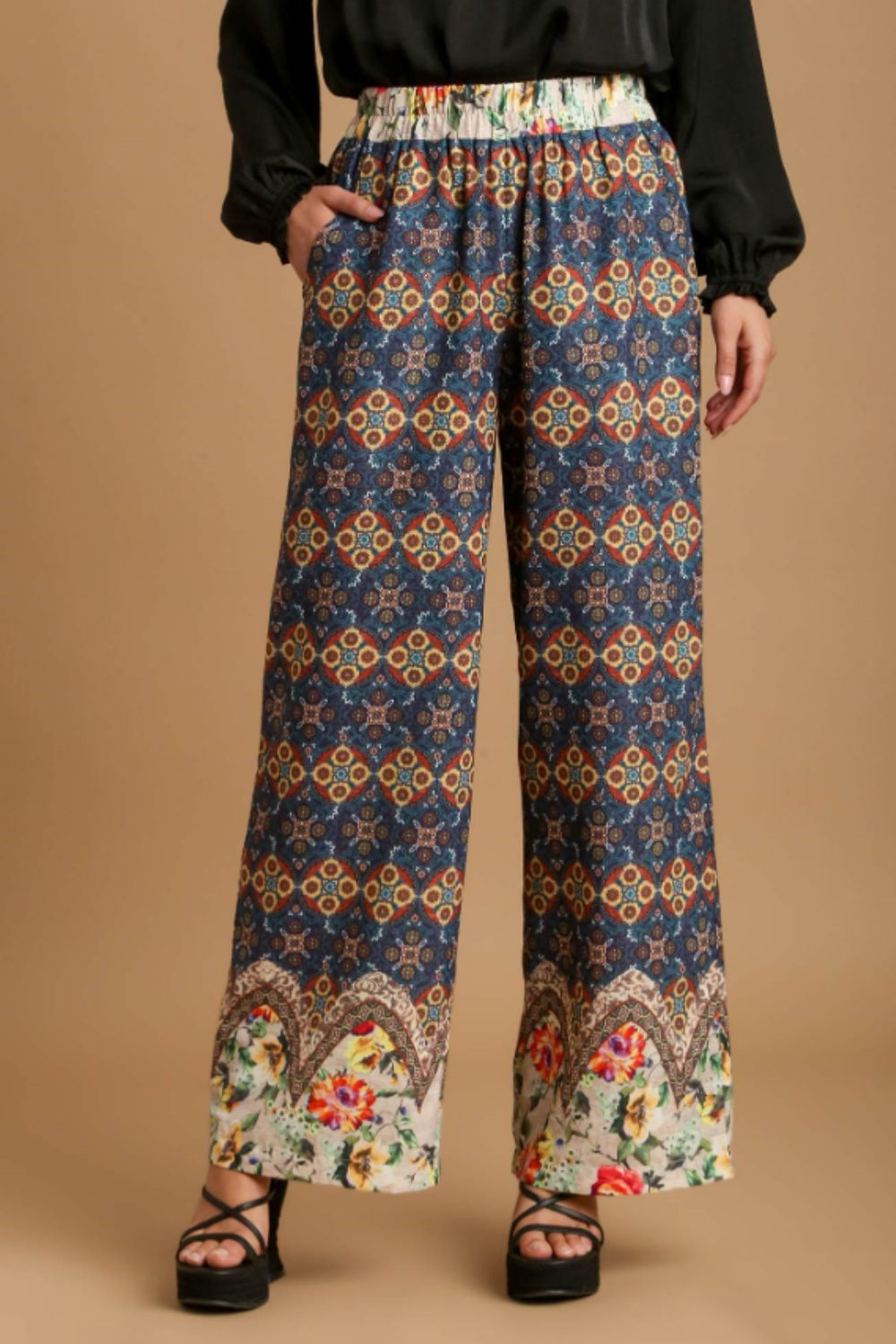 Umgee Full Size Mixed Print Elastic Waistband Pants Plus Size - NeoKira Unlimited