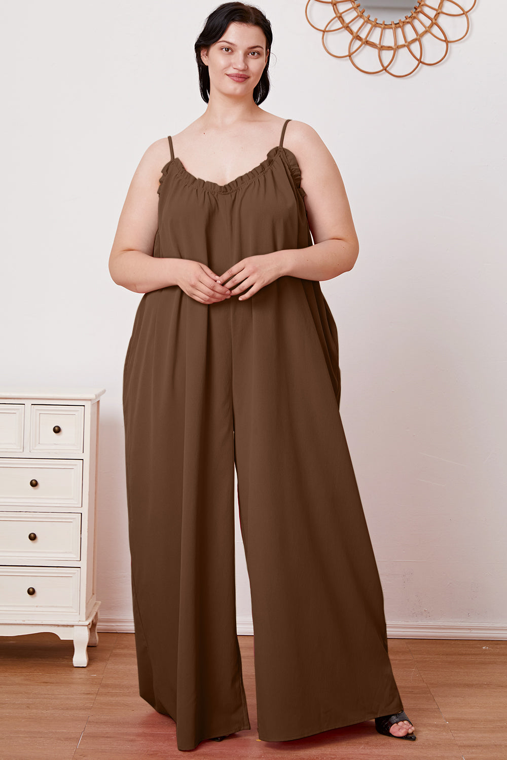 Double Take Full Size Ruffle Trim Tie Back Cami Jumpsuit with Pockets - NeoKira Unlimited