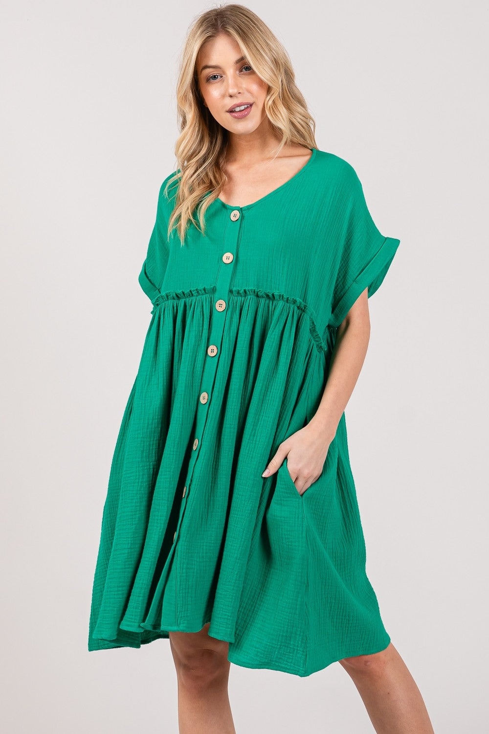 SAGE + FIG Full Size Button Up Short Sleeve Dress Mini Dress Trendsi   