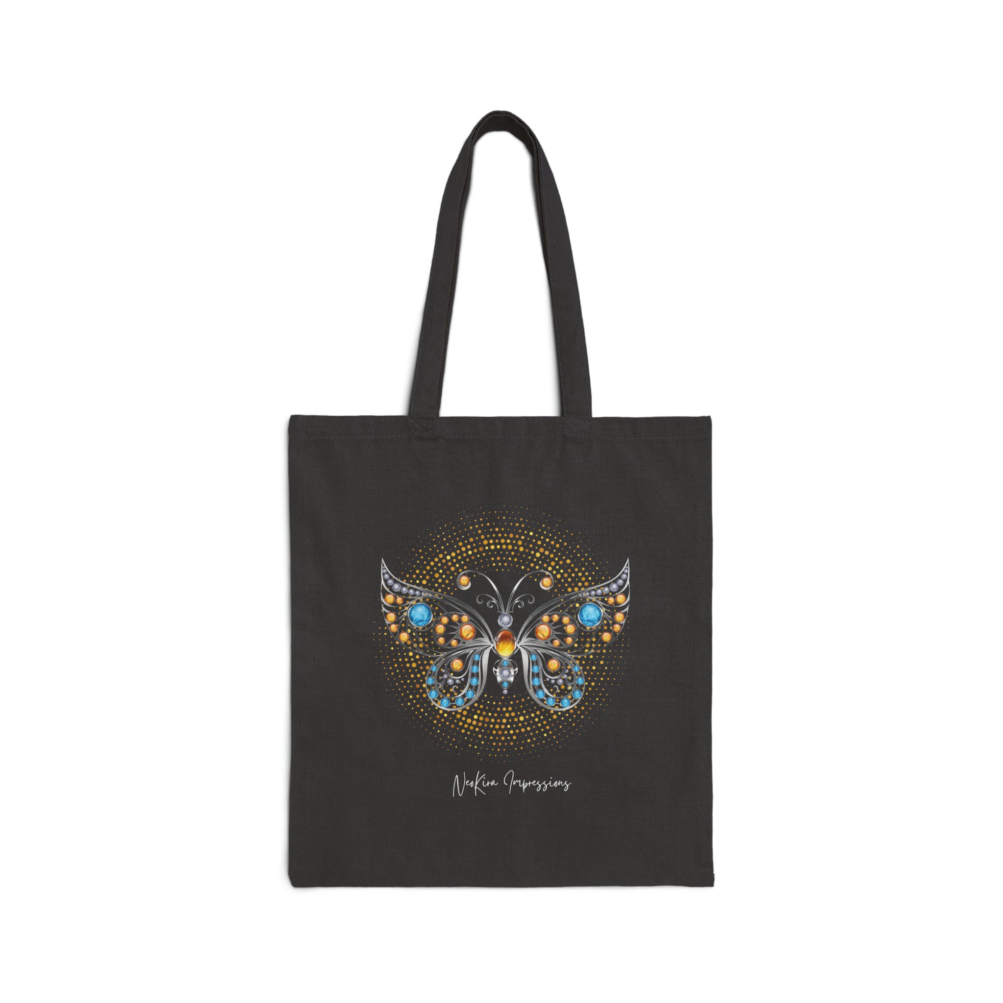 GOLDEN AND TURQUOISE BUTTERFLY Cotton Canvas Tote Bag Tote Bag Printify Black 15