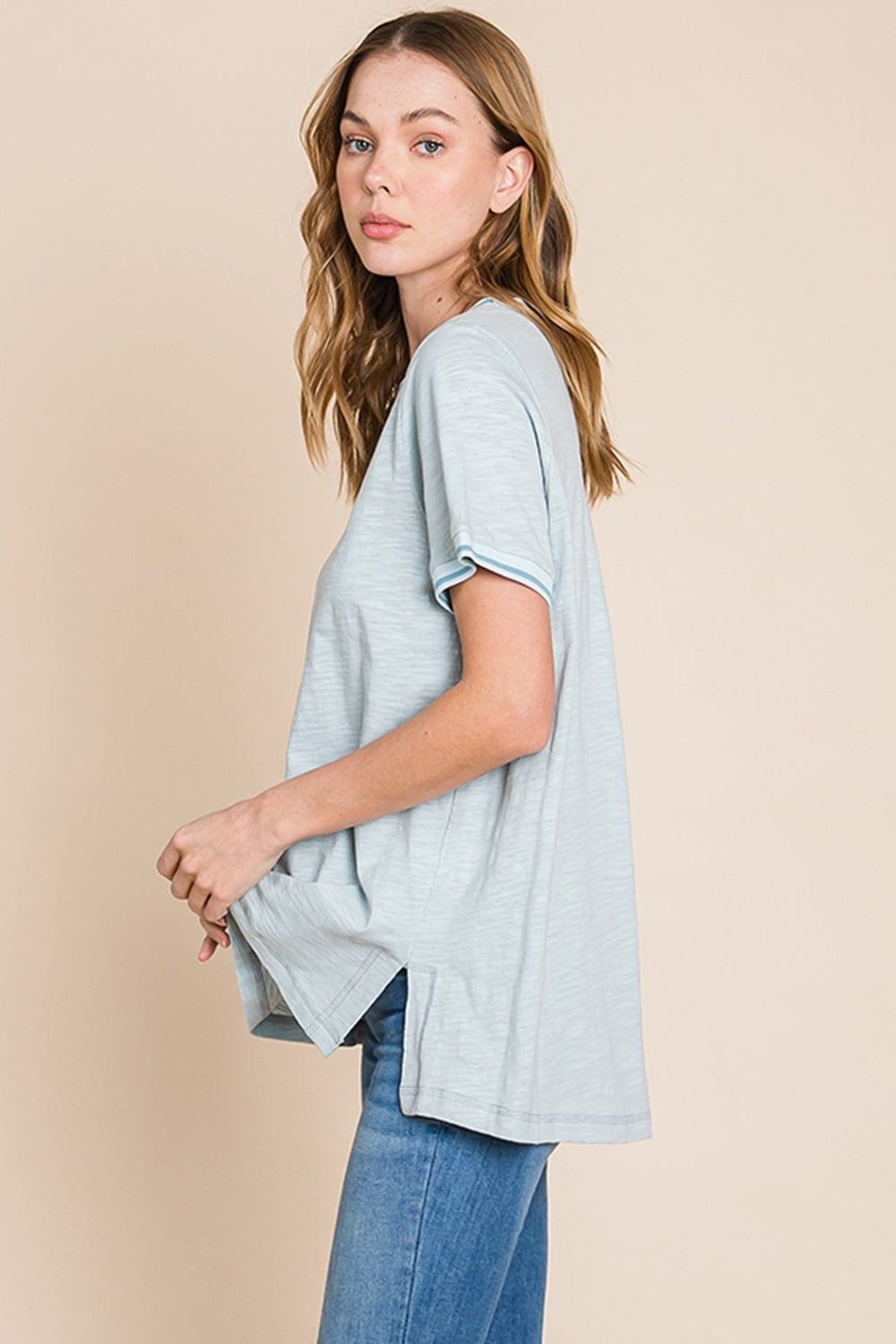Cotton Bleu by Nu Lab Contrast Trim Short Sleeve Slit T-Shirt - NeoKira Unlimited