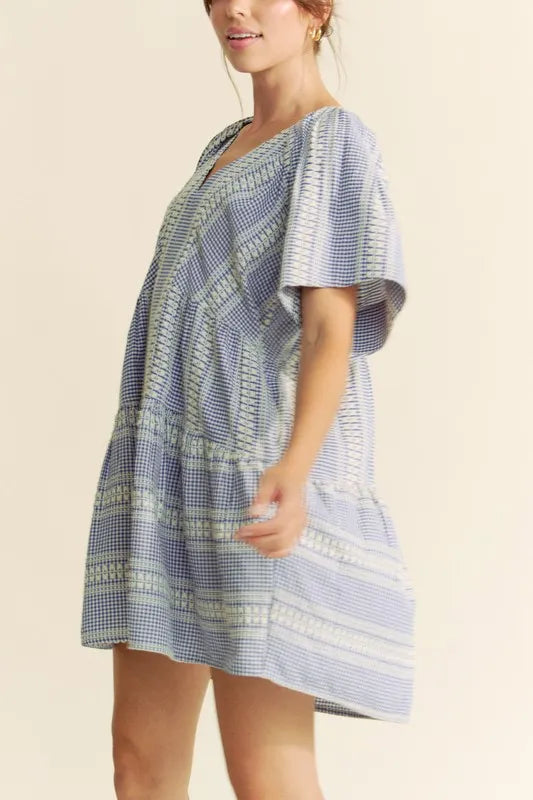 Davi & Dani Embroidered Stripe Ruffled Gingham Mini Dress - NeoKira Unlimited