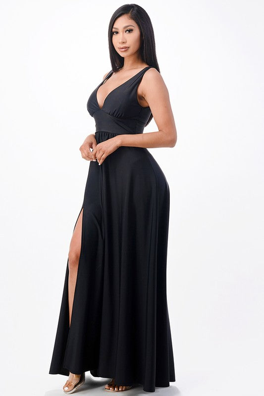 La Scala Dull Tricot Deep V-Neck A-Line Maxi Dress - NeoKira Unlimited