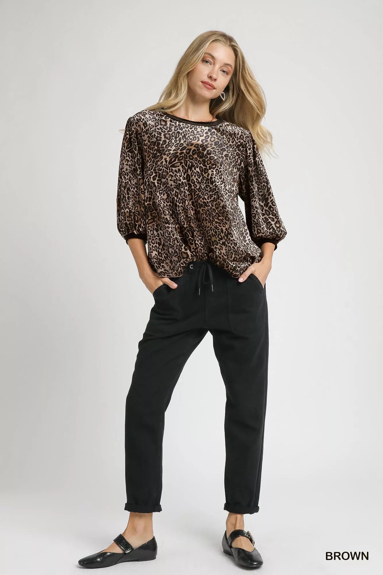 Umgee Leopard Round Neck Three-Quarter Sleeve Blouse Boho Chic - NeoKira Unlimited