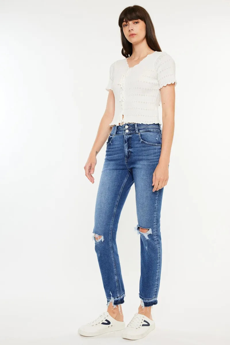 Kancan High Rise Distressed Slim Straight Jeans - NeoKira Unlimited