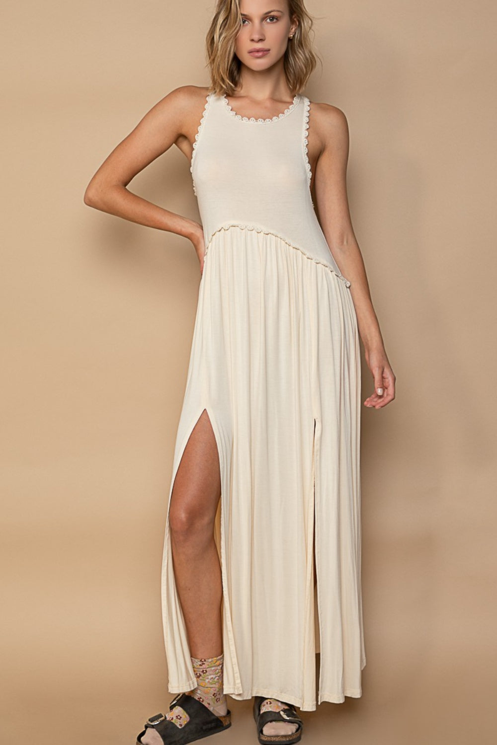 POL Sleeveless Back Zipper Front Slit Maxi Dress Maxi Dress Trendsi Cream S 