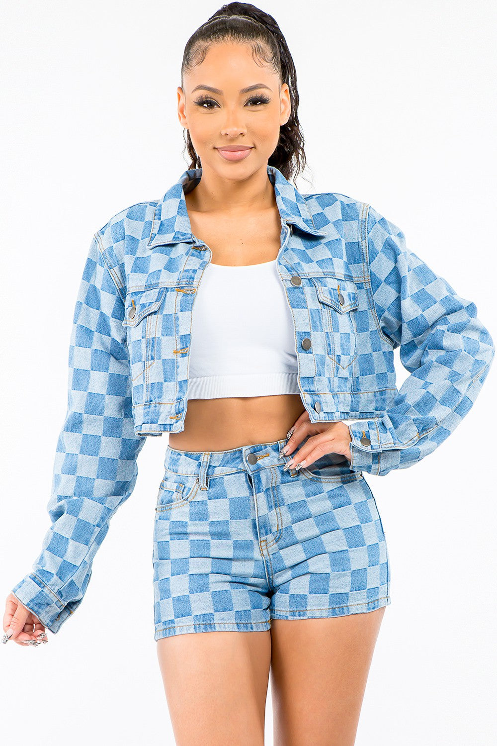 American Bazi Checkered Long Sleeve Cropped Denim Jacket Jacket Trendsi Blue S 