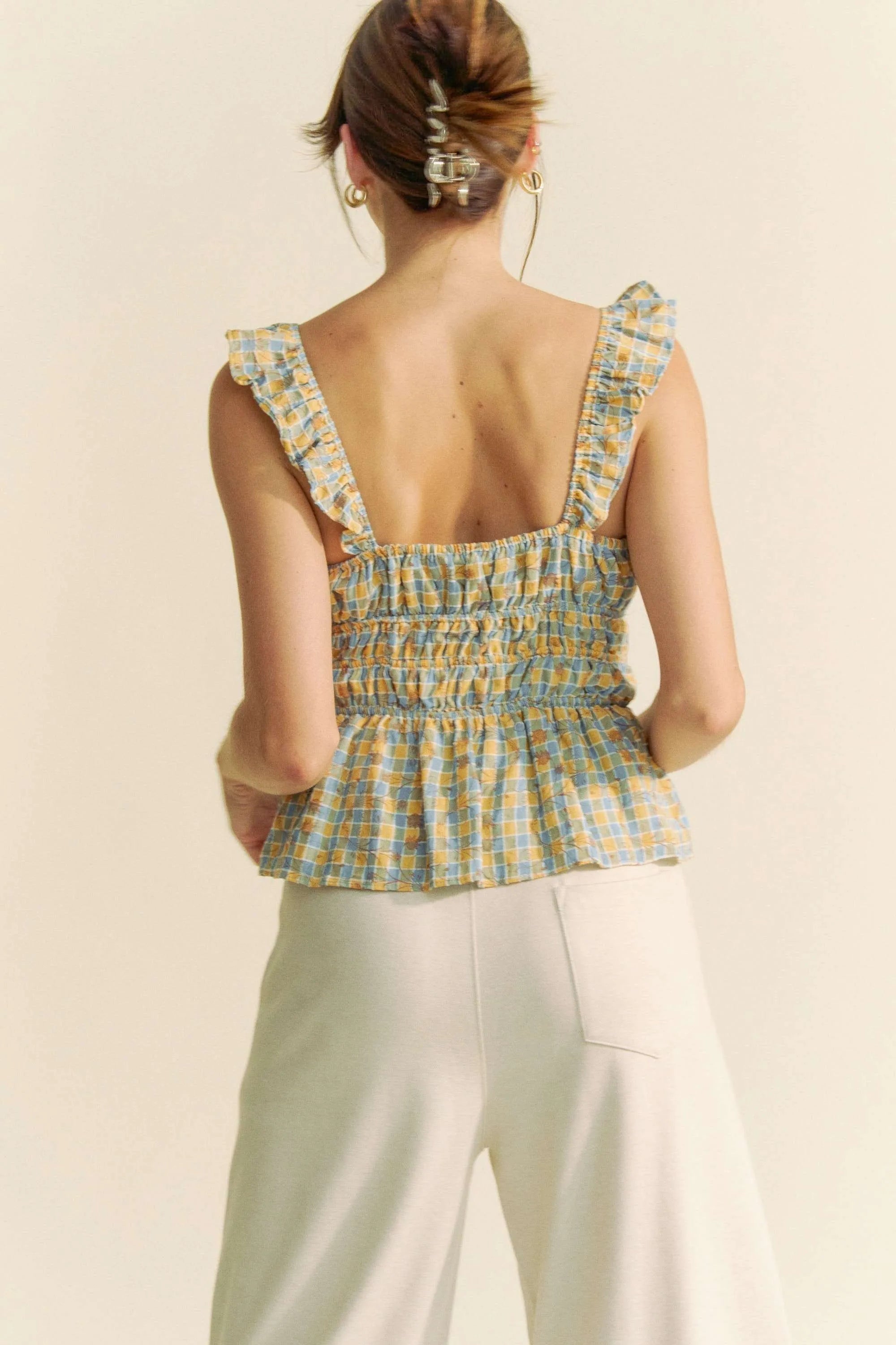 Davi & Dani Plaid Ruffled Strap Smocked Sleeveless Top - NeoKira Unlimited