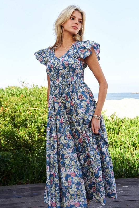 Vintage Garden Floral Flutter Smocking Midi Dress  Davi & Dani   