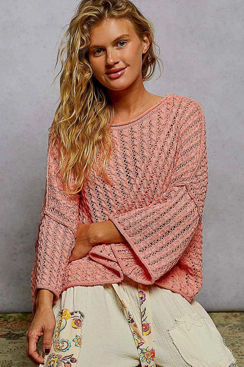 POL Cable Knit Openwork Cropped Sweater Boho Chic Top - NeoKira Unlimited