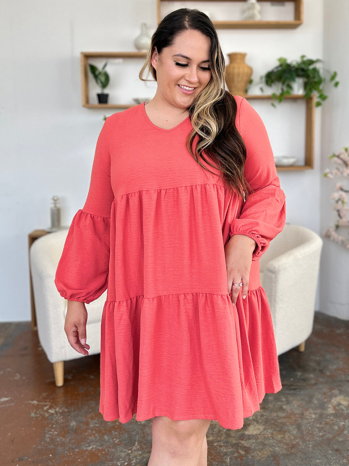 Double Take Full Size V-Neck Balloon Sleeve Tiered Dress - NeoKira Unlimited