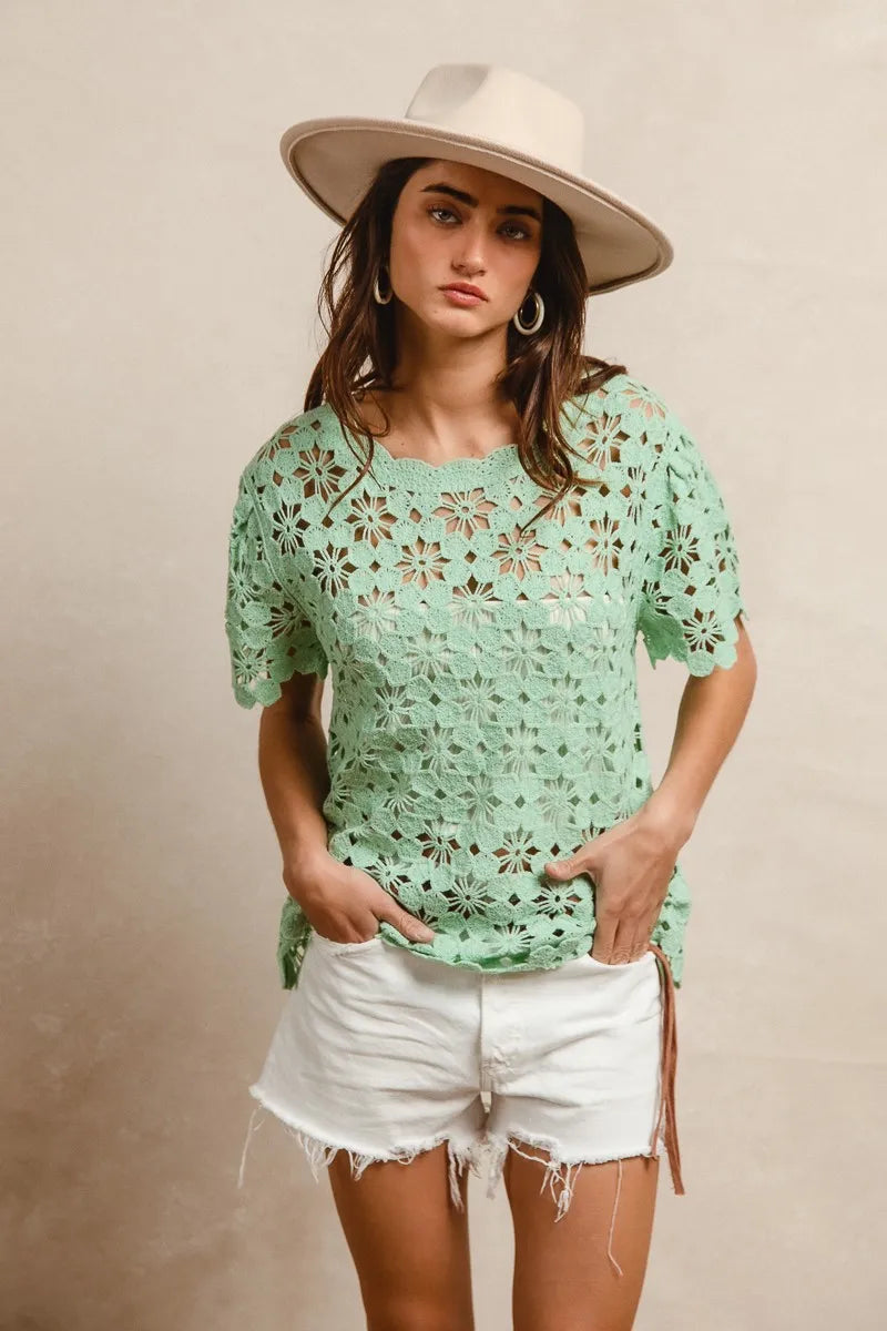 BiBi Openwork Crochet Short Sleeve Knit Top Boho Chic Style - NeoKira Unlimited