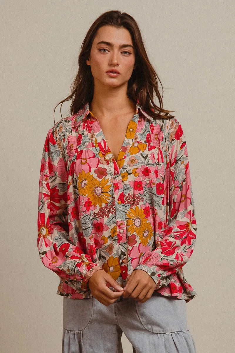 BiBi Tropical Floral Button-Up Blouse Vibrant Long Sleeve Relaxed Fit Top - NeoKira Unlimited
