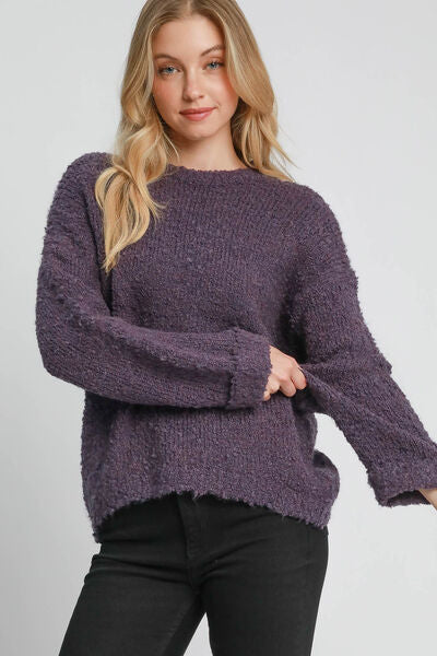 Umgee Full Size Round Neck Long Sleeve Boucle Sweater Plus Size - NeoKira Unlimited