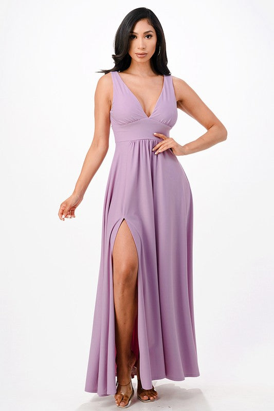 La Scala Dull Tricot Deep V-Neck A-Line Maxi Dress - NeoKira Unlimited