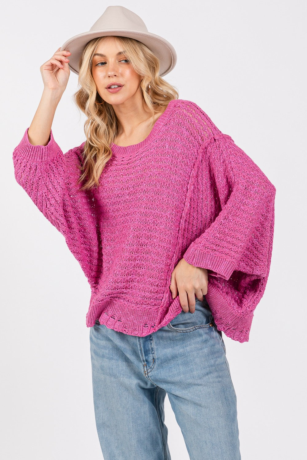 SAGE + FIG Distressed Asymmetrical Open Stitch Sweater - NeoKira Unlimited