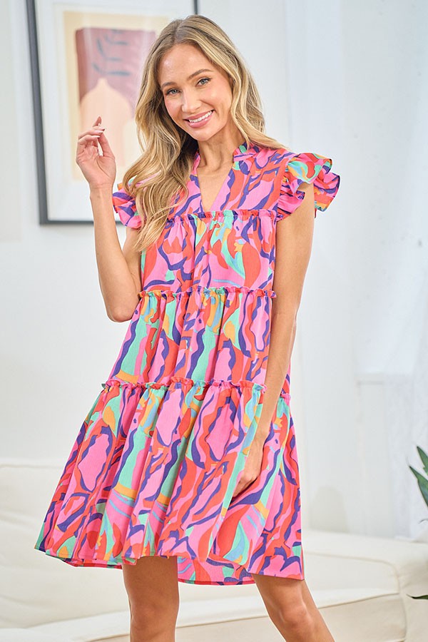 First Love Full Size Printed Ruffle Cap Sleeve Tiered Dress Mini Dress Trendsi   