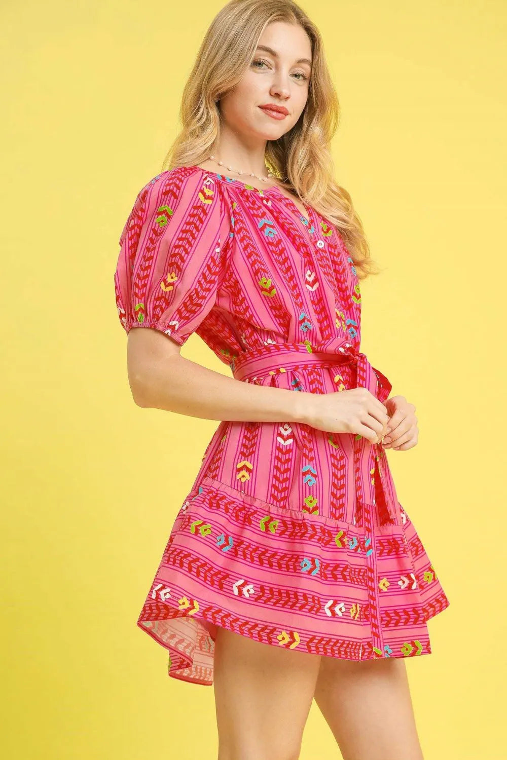 Umgee Boho Ethnic Chic Pink Geometric Puff Sleeve Cotton Mini Dress - NeoKira Unlimited