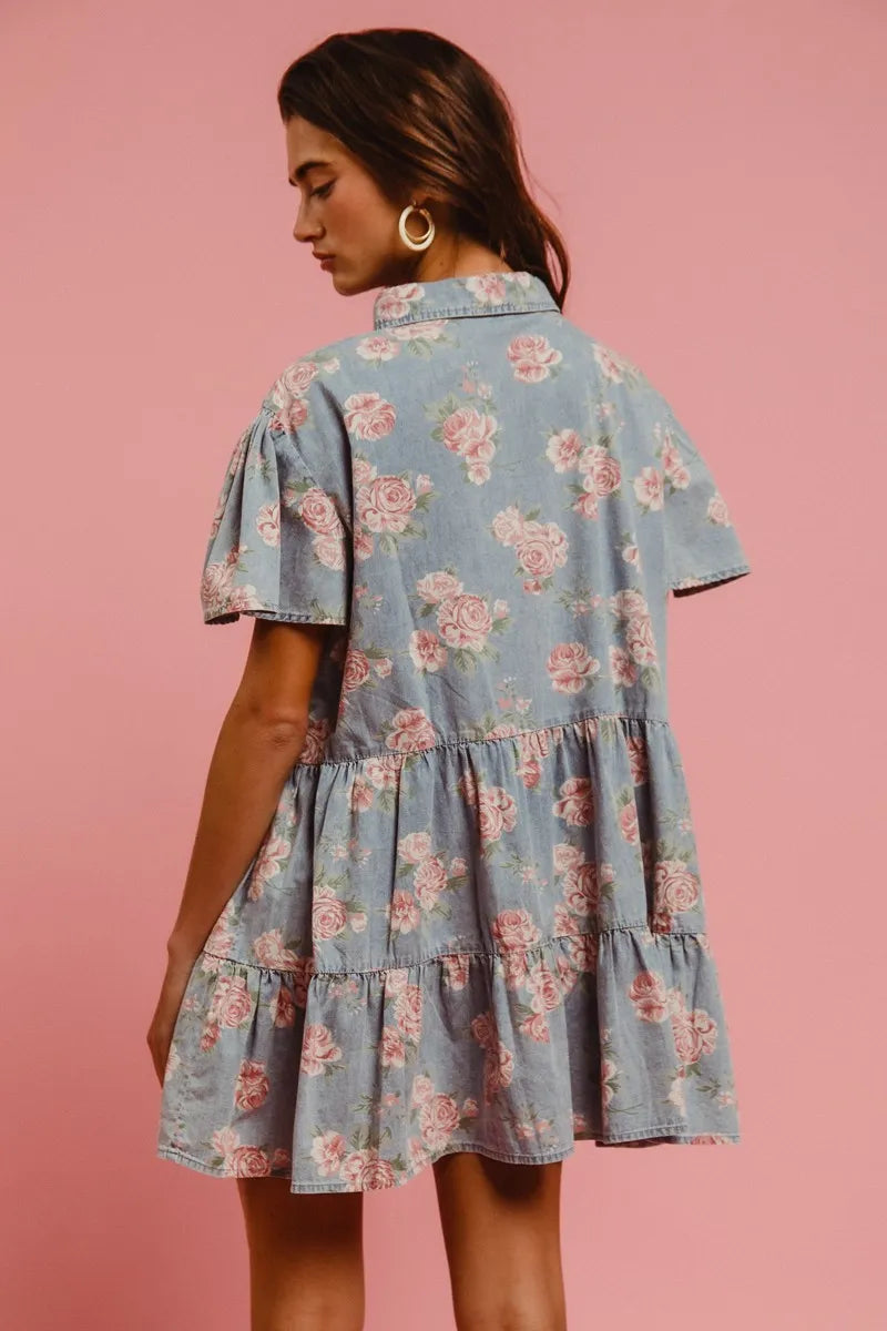 BiBi Vintage Style Blue Floral Washed Tiered Lightweight Mini Shirt Dress - NeoKira Unlimited