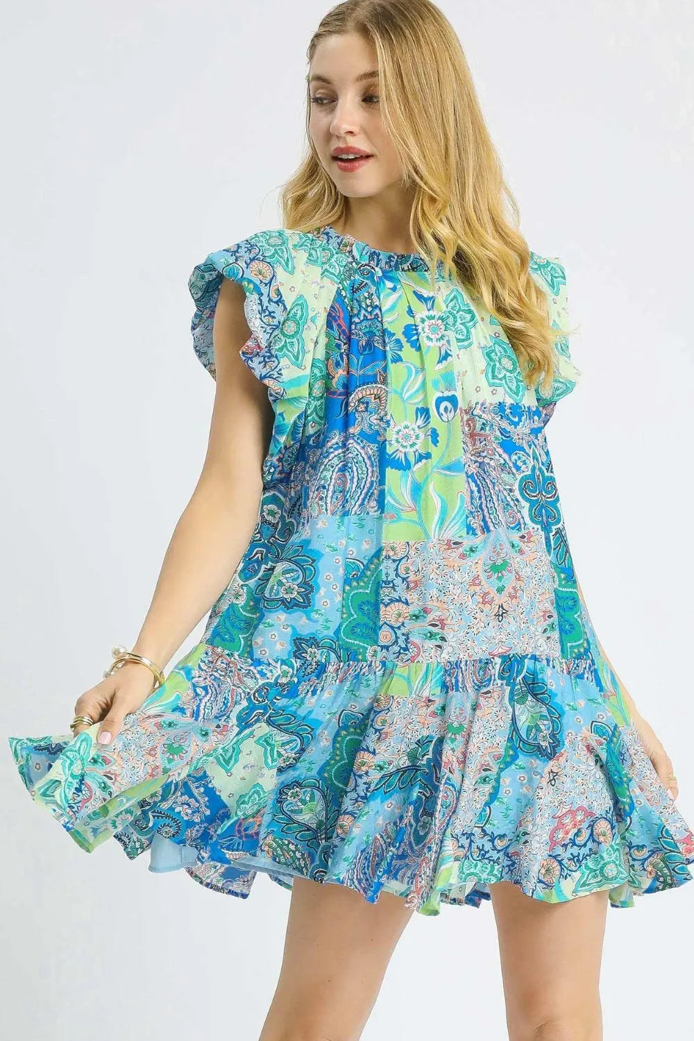 Umgee Blue Paisley Ruffle Mini Dress – Boho Resort Vibes - NeoKira Unlimited