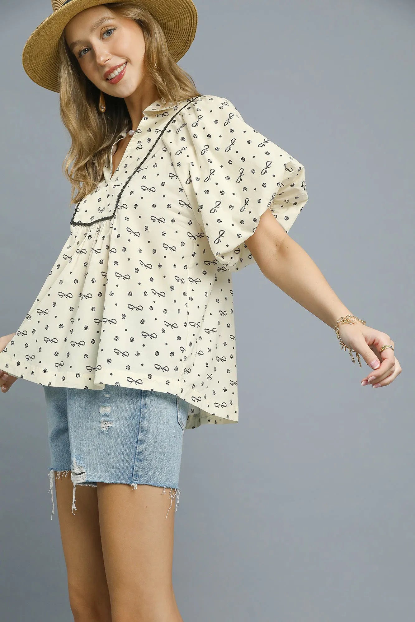 Umgee Bow Print Puff Sleeve Sailor Collar Vintage Style Blouse - NeoKira Unlimited