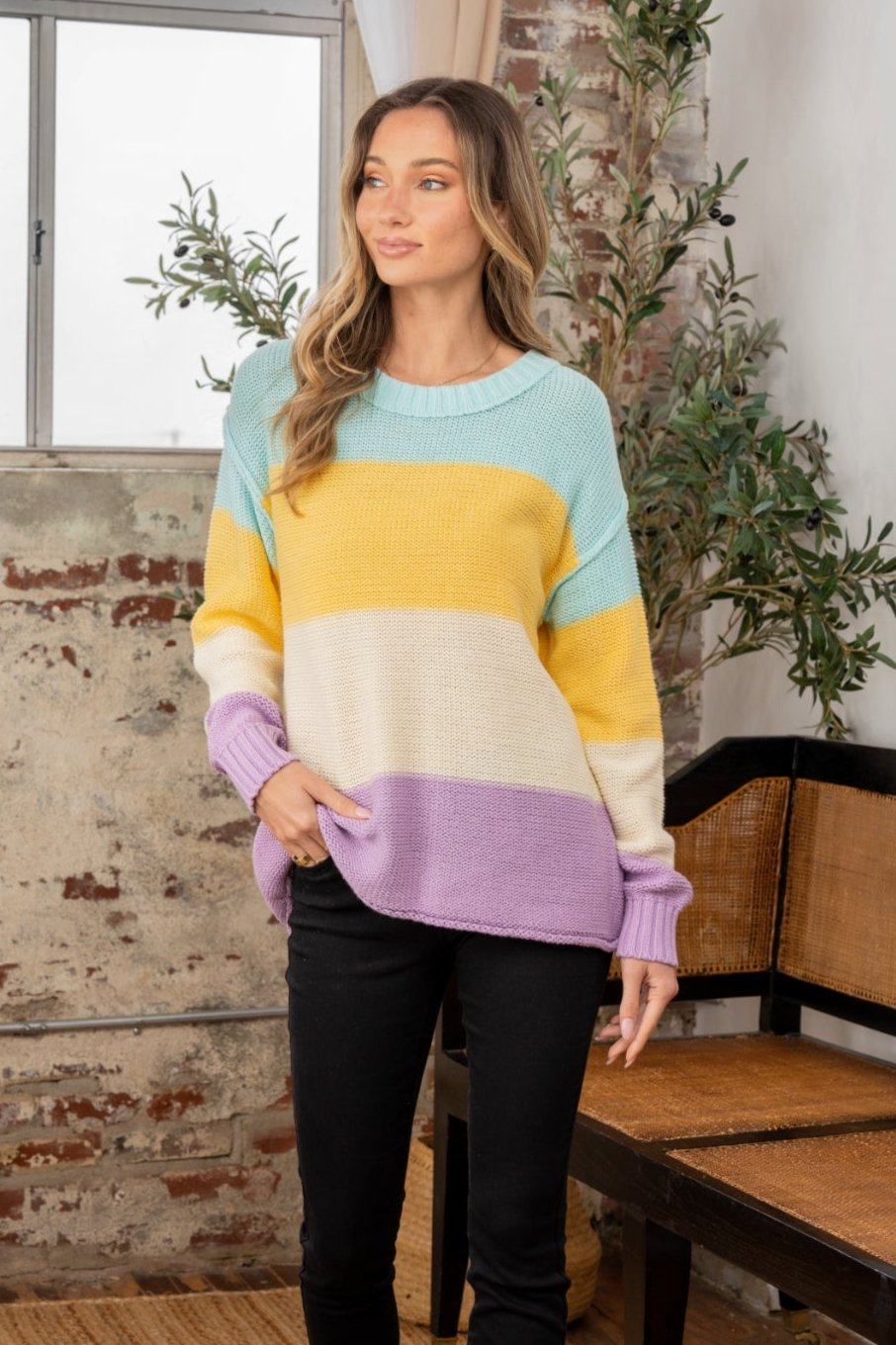 Sew In Love Full Size Color Block Exposed Seam Sweater - NeoKira Unlimited