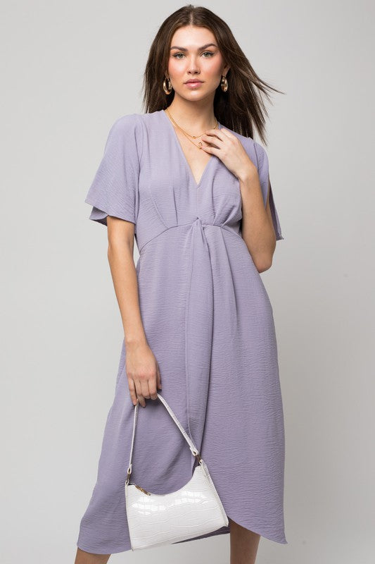 Solid V-Neck Midi Dress W-Front Knot  Gilli Lavender S 