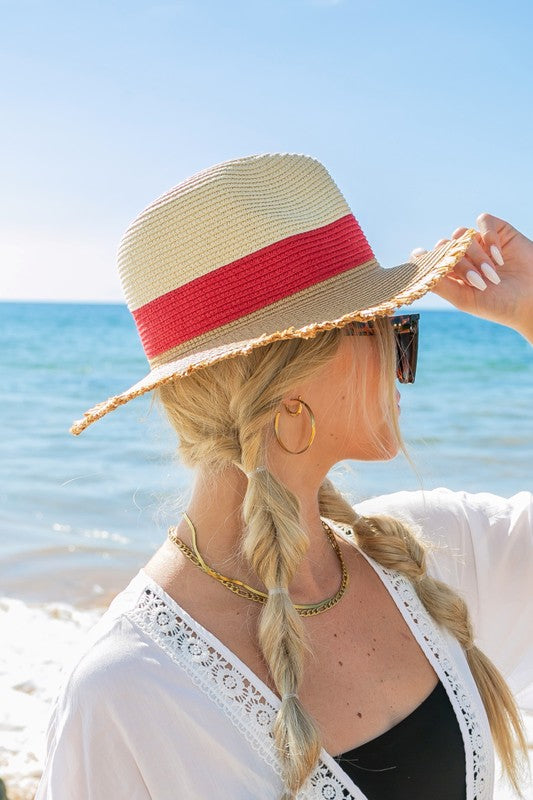 Modern Boho Color Block Straw Fedora | Fray-Edge Panama Sun Hat - NeoKira Unlimited