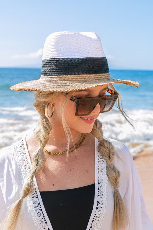 Modern Boho Color Block Straw Fedora | Fray-Edge Panama Sun Hat - NeoKira Unlimited