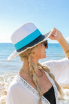 Fray-Edge Color Block Straw Panama Fedora Hat Straw Hats Aili's Corner Black/Turquoise/White OneSize 