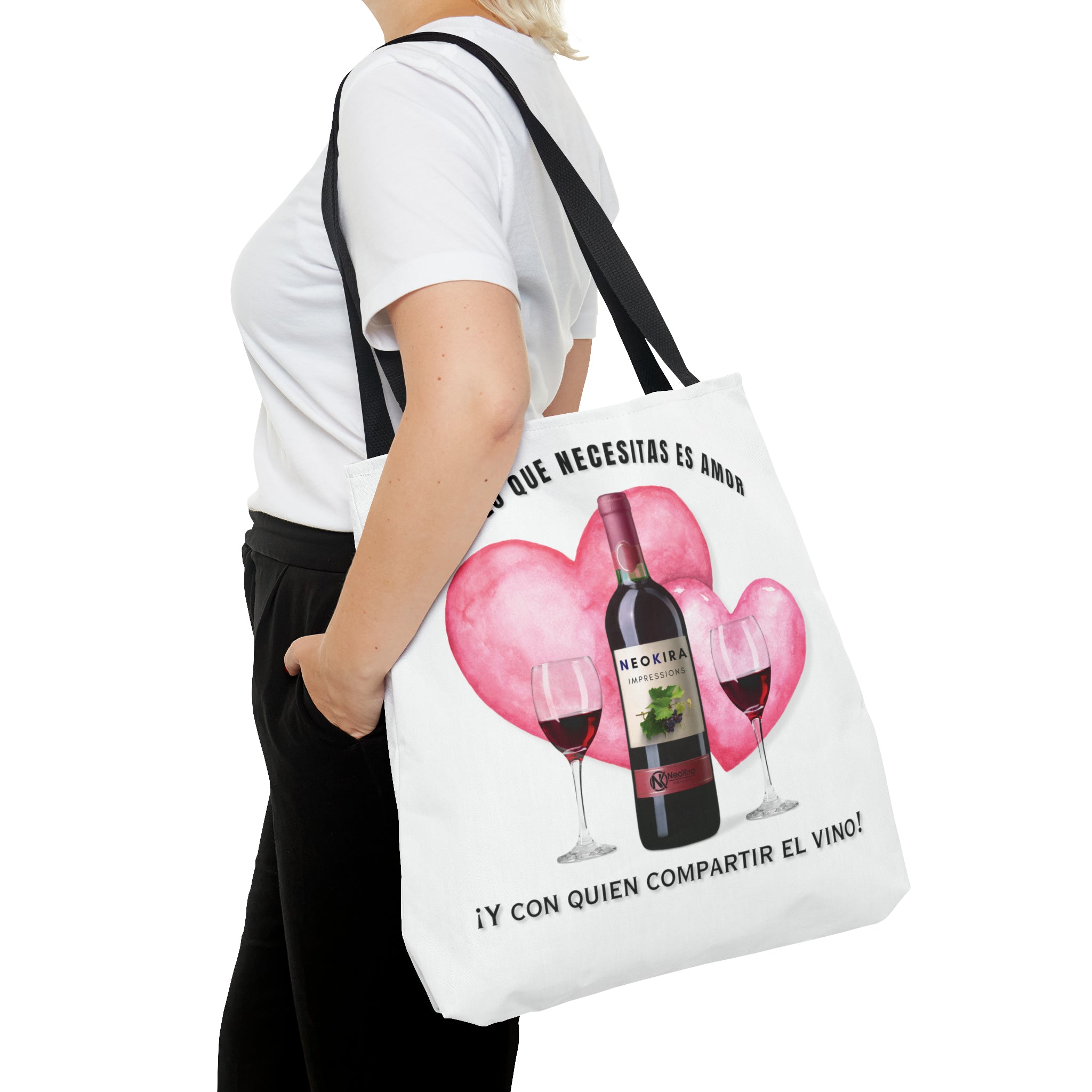 TODO LO QUE NECESITAS ES AMOR Y CON QUIEN COMPARTIR EL VINO Tote Bag Tote Bag Printify 18