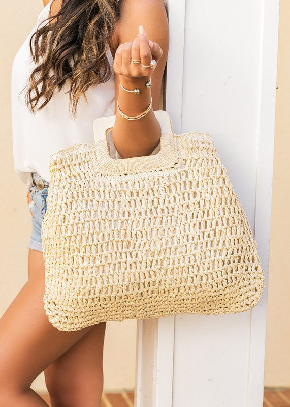Boho Chic Oversized Straw Tote | Natural Wood Handles Woven Texture - NeoKira Unlimited