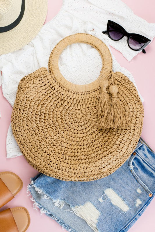 Boho Luxe Straw O-Ring Tote | Tassel Accent Handcrafted Summer Style - NeoKira Unlimited