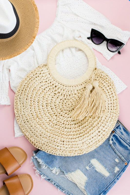 Boho Luxe Straw O-Ring Tote | Tassel Accent Handcrafted Summer Style - NeoKira Unlimited