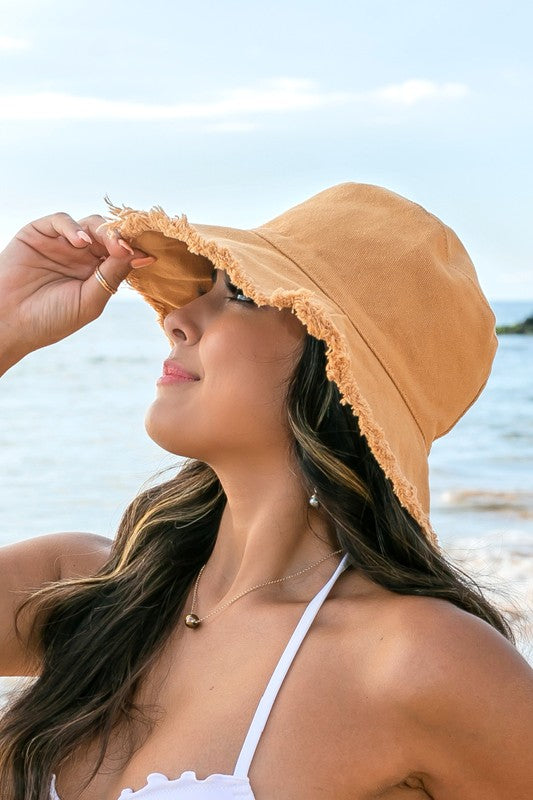 Frayed Edge Canvas Bucket Hat Hats Aili's Corner Camel OneSize 