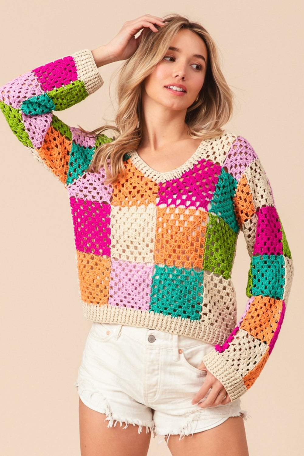 BiBi Multi Color Checkered Long Sleeve Knit Top Top Trendsi Oatmeal Multi S 