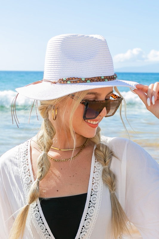 Boho Chic Beaded Belt Straw Fedora Hat | Suede Tie Panama Style - NeoKira Unlimited