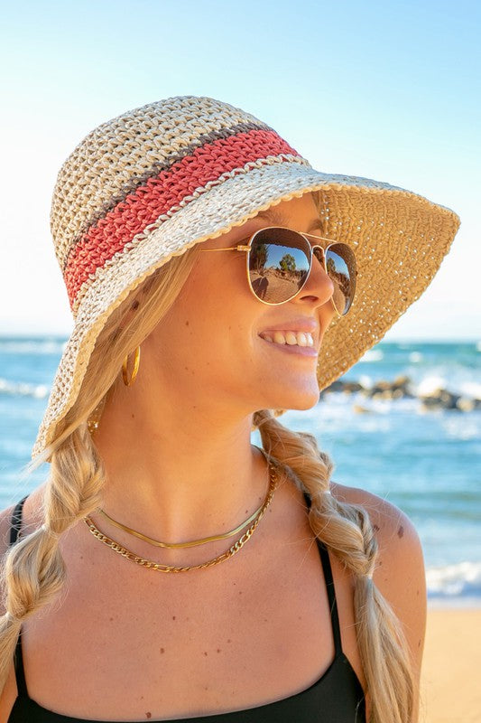 Striped Coastal Straw Bucket Hat | Foldable Travel-Ready Sun Style - NeoKira Unlimited