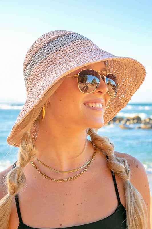 Striped Coastal Straw Bucket Hat | Foldable Travel-Ready Sun Style - NeoKira Unlimited