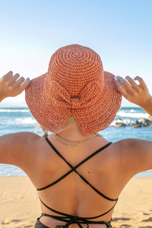 Bow Accent Woven Straw Bucket Sun Hat Straw Hats Aili's Corner Rust OneSize 