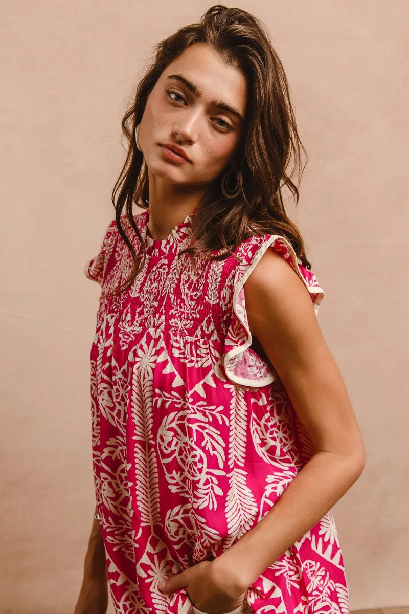 BiBi Pink Paisley Ruffle Cap Sleeve Smocked Neck Blouse - NeoKira Unlimited