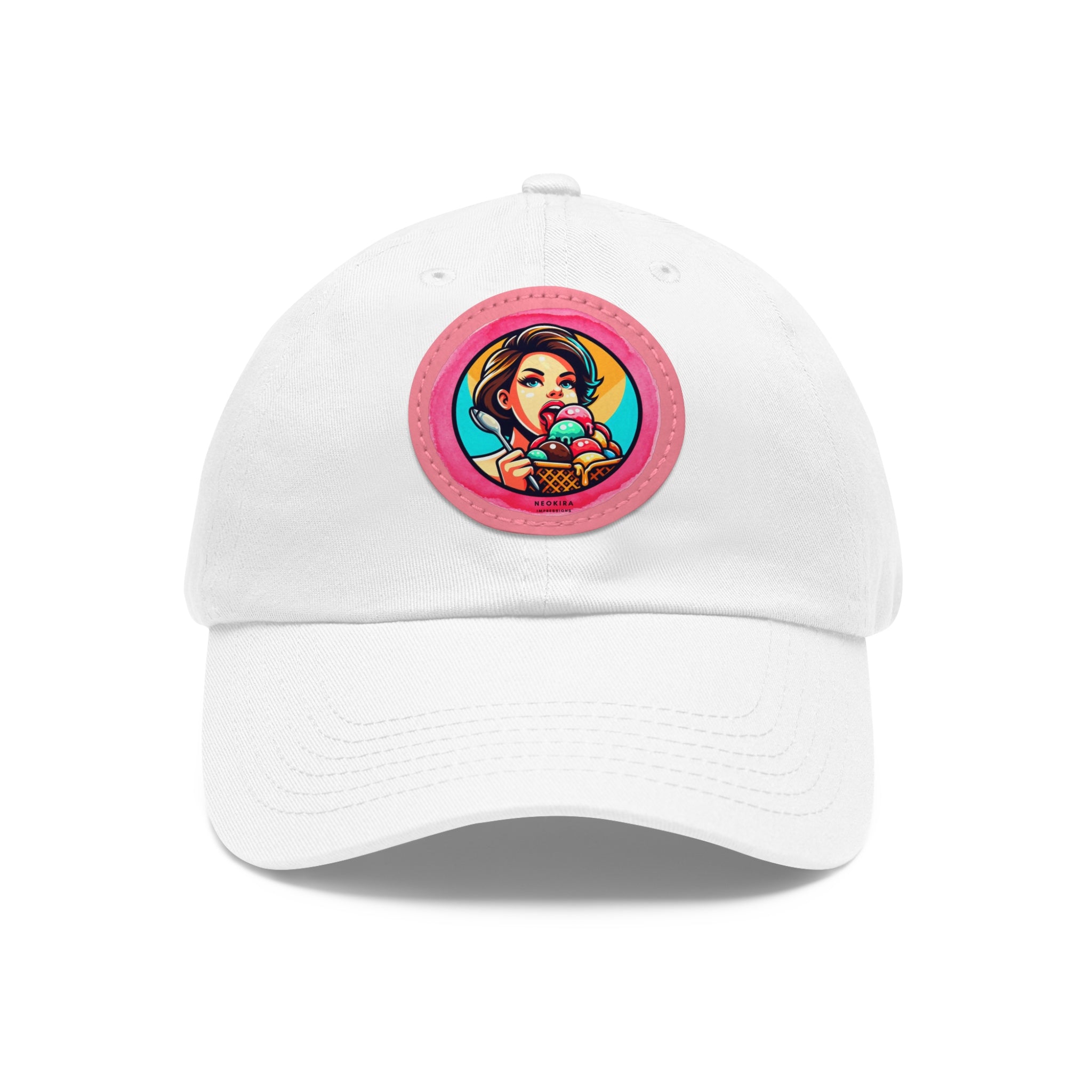 ICE CREAM Dad Hat with Leather Patch (Round) Caps Printify White / Pink patch Circle One size